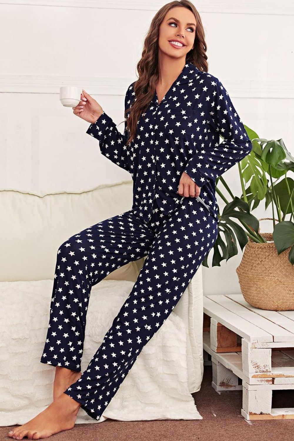 Star Print Button-Up Shirt and Pants Lounge Set - Vivelamode Boutique