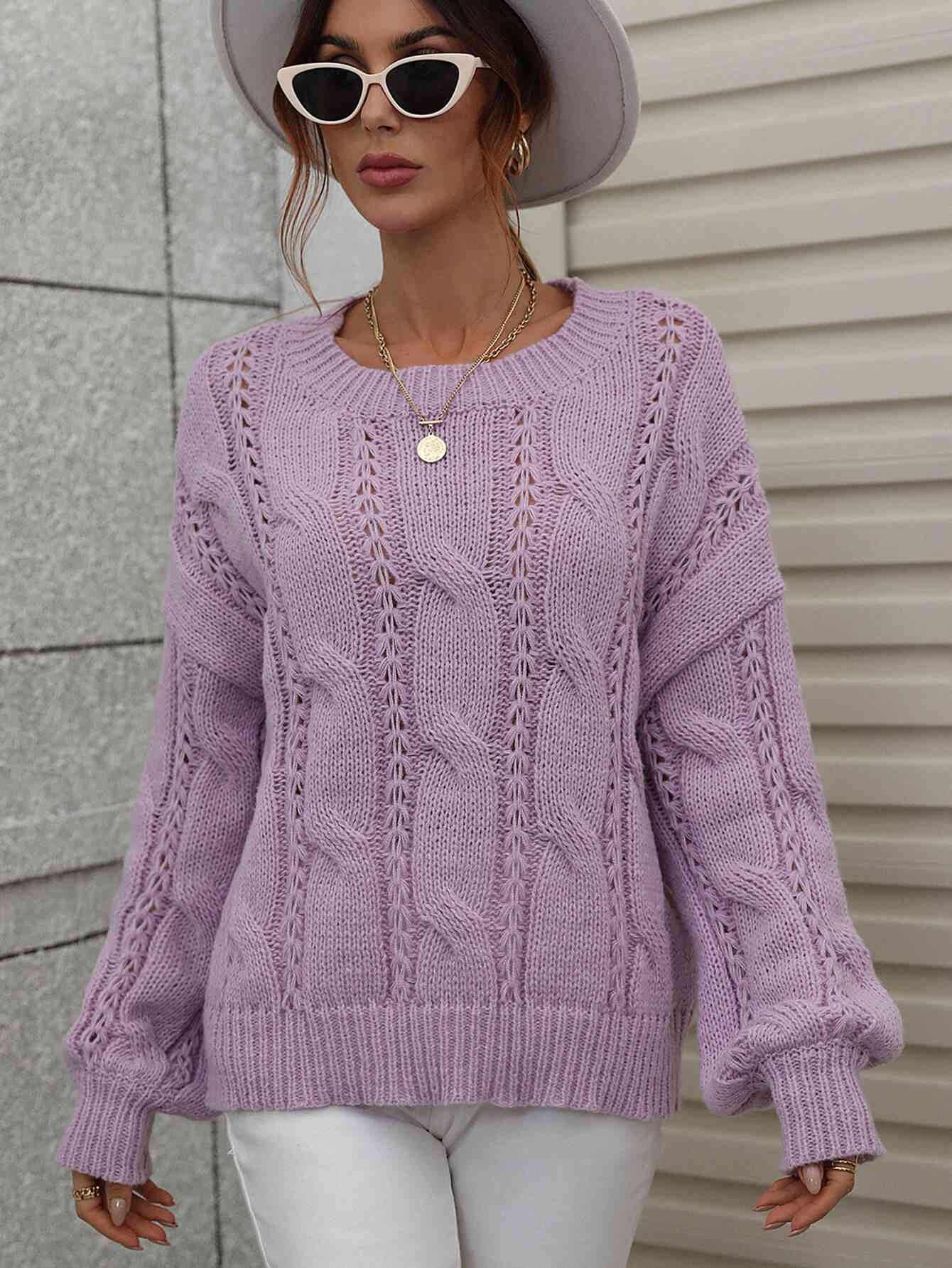 Woven Right Cable-Knit Openwork Round Neck Sweater - Vivelamode Boutique