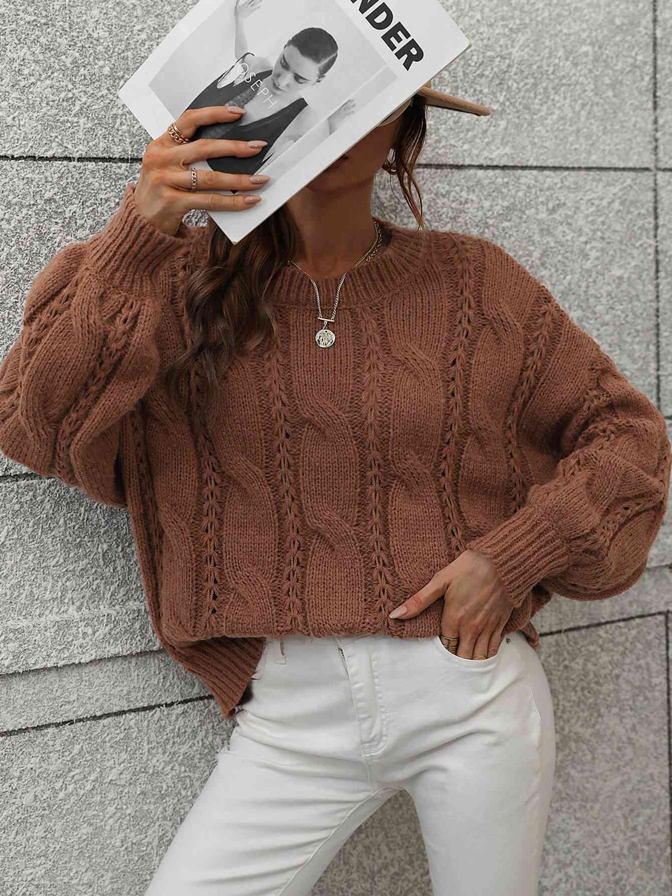 Woven Right Cable-Knit Openwork Round Neck Sweater - Vivelamode Boutique