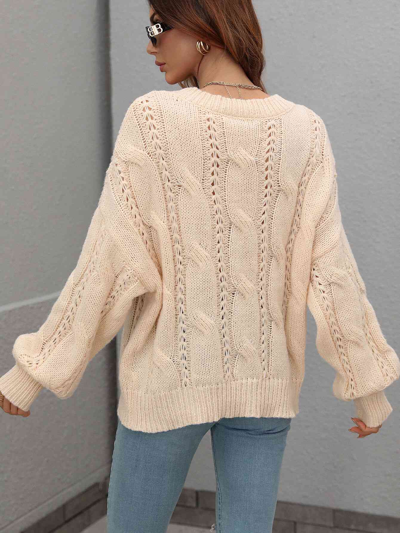 Woven Right Cable-Knit Openwork Round Neck Sweater - Vivelamode Boutique