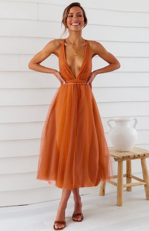 Sexy Deep V Neck Backless Lace-Up Mesh Puff Dress - Vivelamode Boutique