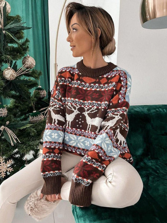 Women's Christmas Crew Neck Loose Jacquard Long Sleeve Sweater - Vivelamode Boutique