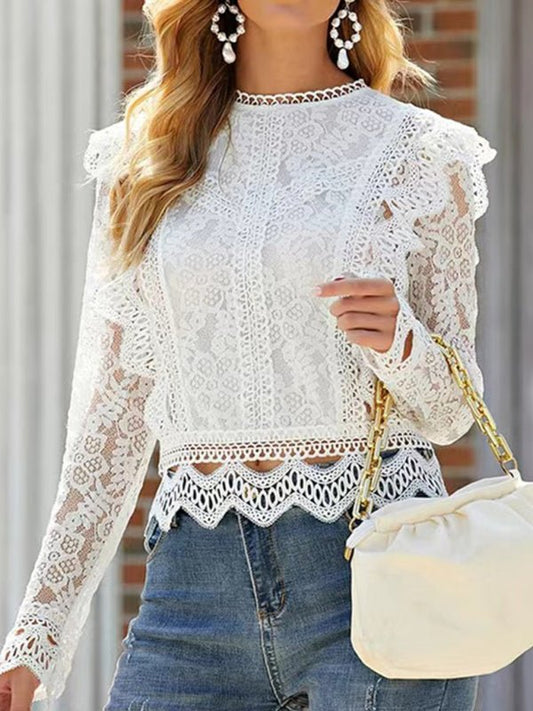 Women's Solid Color Embroidered Lace Shirt- Ruffle Trim Lace Scalloped Hem Long Sleeve Blouse Tops - Vivelamode Boutique