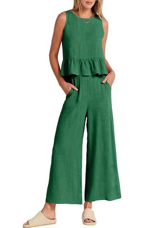 Women's Summer 2 Piece Outfits Sleeveless pleated vest wide-leg cropped pants casual suit - Vivelamode Boutique